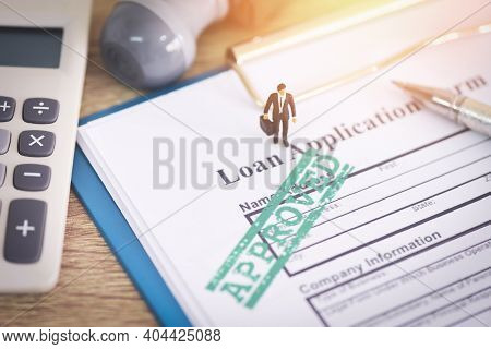 Loan Application Form With Rubber Stamping That Says Loan Approved, Financial Loan Money Contract Ag