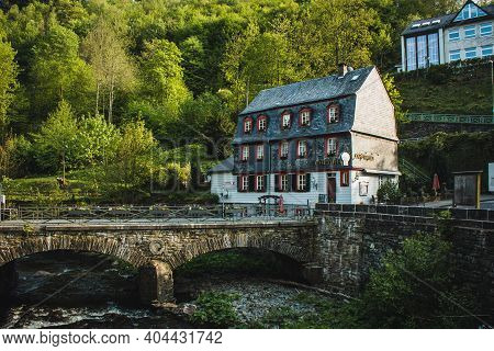 Monschau, Germany - Mai 22 2019: Small Picturesque Town In The Eifel Region In Noth Rhine-westphalia