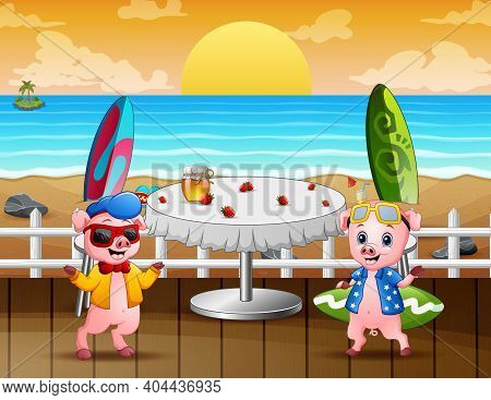 Cartoon Two Pigs At A Beachside Restaurant