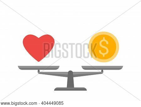 Bowls Of Scales In Balance Love And Money. Heart And Coin Sign In Comparison, Choise, Priority. Weig