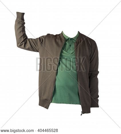 Dark Green Men's Knitten Bomber Jacket And Dark Green  Shirt Isolated On White Background. Fashionab