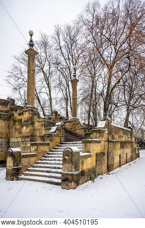 Historical Staircase Of Legion Bridge On Strelecky Island In Prague, Czech Republic. Winter Photogra