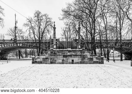 Historical Staircase Of Legion Bridge On Strelecky Island In Prague, Czech Republic. Winter Photogra