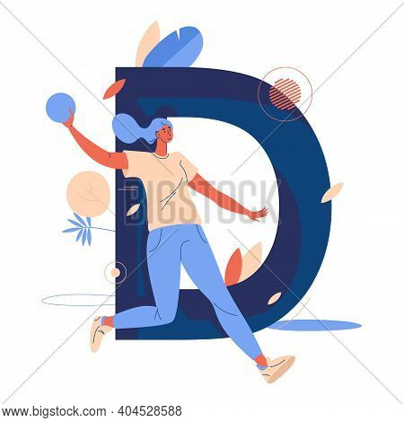 Woman Running With Ball In Dodgeball Game In Front Of Capital Letter D. Youth And Healthy Lifestyle 