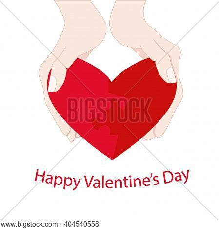 Happy Valentines Day Banner. Puzzle Red Heart In Hands On White Background Congratulation Card For W