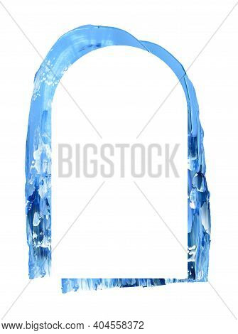 Hand Drawn Blue Brushstroke Swash With White Arch Border. Paint Swatch Smear Premade Composition. Wa