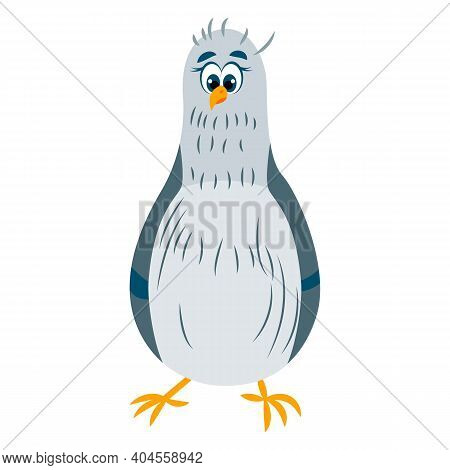 Pigeon Bird. Green And Gray Dove Staying. Blue Eyes. Yellow Beak And Legs. Flat Cartoon Character De