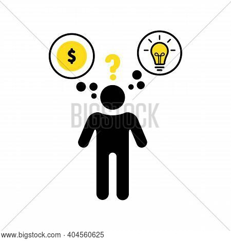 Idea And Money Stack Balance. Idea Is Money Concept. Man Resolving Dilemma, Making Decision Or Choos