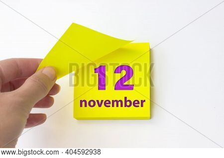 November 12nd. Day 12 Of Month, Calendar Date. Hand Rips Off The Yellow Sheet Of The Calendar. Autum