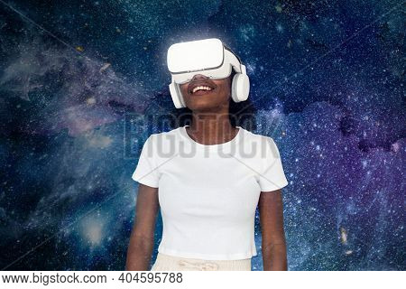 African American  woman experiencing VR simulation