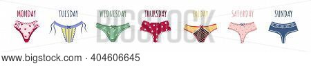 Modern Female Panties Collection For Week. Cute Colorful Weekly Knickers With Bows And Lace. Trendy 