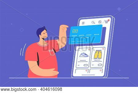 Online Store E-commerce Mobile App. Flat Line Vector Illustration Of Cute Man Standing Alone And Poi