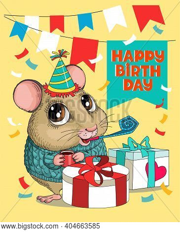 Vector Humorous Birthday Illustration. A Cute Funny Mouse Is Sitting In A Hat And A Whistle With Big