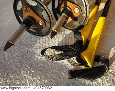 Poles. Sports Equipment Used By Skiers, Climbers, Tourists To Maintain Balance And Accelerate Moveme