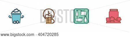 Set Ice Bucket, Happy Hour, Beer Menu And Cold Beer Can Icon. Vector