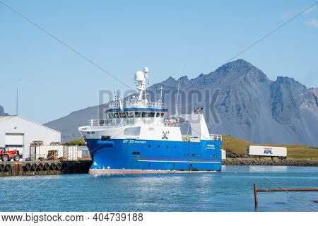 Hofn I Hornafirdi - August 16. 2020: Skinney Thinganes Trawler Þinganes In The Port