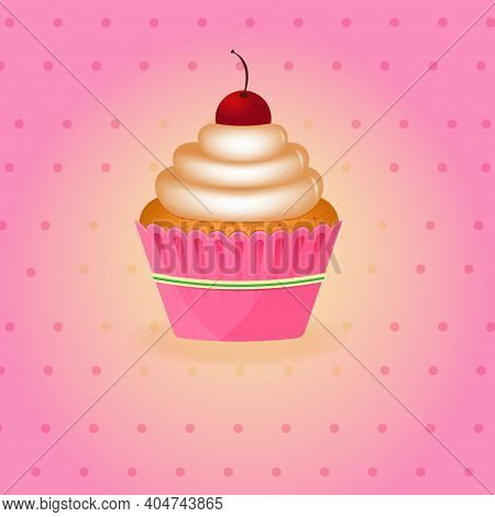 Cupcake With Cherries On A Pink Background, Holiday, Baking