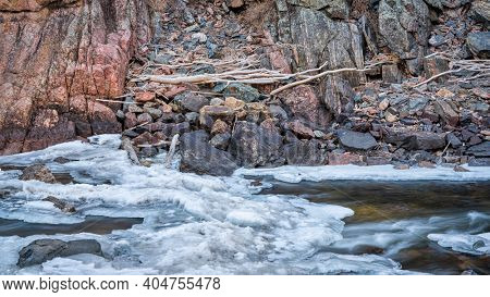 driftwood in icy canyon of mountain river - Poudre River at Little Narrow above Fort Collins, Colorado in winter scenery