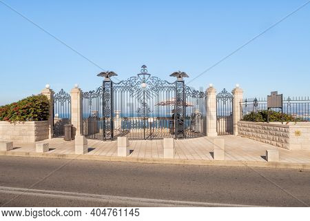 Haifa, Israel, January 22, 2021 : Decorative Metal Entrance Gate On The Upper Terrace Of The Bahai G