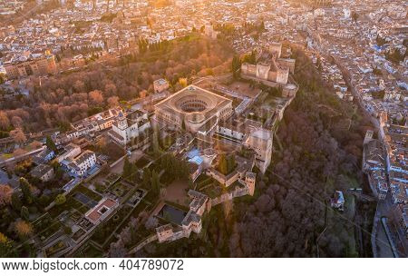 Granada Spain December 2020 Aerial View  Of The Alhambra Palace In Sabikah Hill Travel Europe