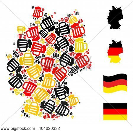 Germany Geographic Map Mosaic In Germany Flag Official Colors - Red, Yellow, Black. Vector Beer Mug 