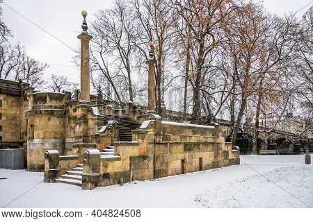 Historical Staircase Of Legion Bridge On Strelecky Island In Prague, Czech Republic. Winter Photogra