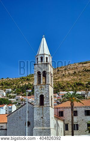 Tower Of Medieval Church In The Town Of Dubrownik In Croatia