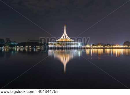 King Rama9 Garden Park With Reflection And Lake In Bangkok City At Night, Thailand.