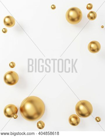 Abstract background of gold speres on white and a copy space at the frame center. 3D render