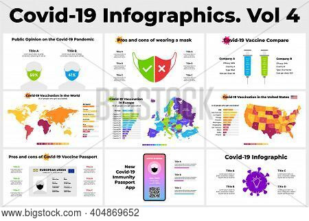 Covid-19 Vector Infographic. World Map, Europe And Usa. Immunity Passport App. Coronavirus Presentat