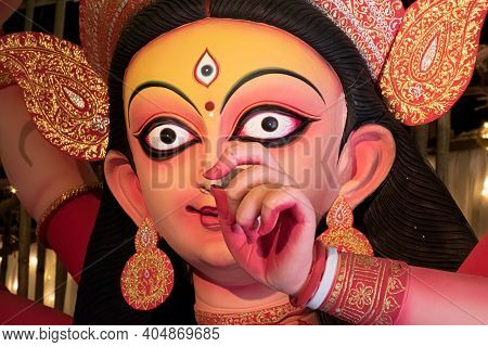 Goddess Durga Idol Decorated At Puja Pandal In Kolkata, West Bengal, India. Durga Puja Is Biggest Re