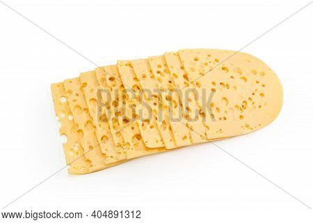 Thin Slices Of The Swiss-type Cheese With A Lot Of Holes, So Called The Cheese's Eyes On A White Bac