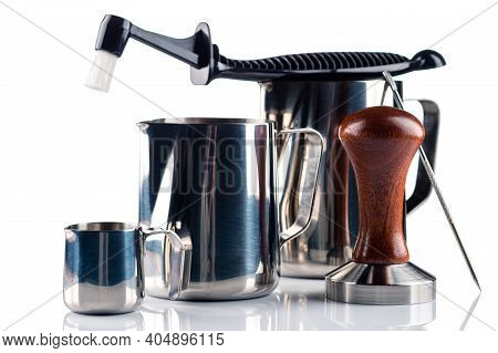 Set Of Stainless Steel Milk Pitchers Jugs. Foaming Jug. Latte Art For Barista. Coffee Accessories. B