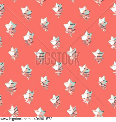 Paper Boats On Red Background Seamless Vector Pattern. Hand-drawn Origami Boats On Sunset Sea Water.