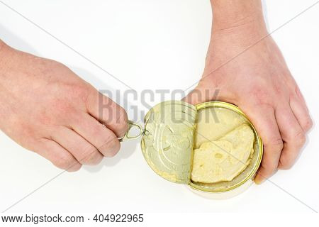 Opening A Canned Cod Roe, Fish Caviar. Eating Tinned Cod Roe, A Scandinavian Delicacy, Food Low In F