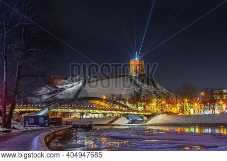 Vilnius, Lithuania - January 25, 2021: Vilnius Main Symbol, Gediminas Castle Illuminated For 698 Cit