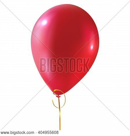 Red Glossy Balloon With Golden Striing Isolated On White Background. Helium Air Ballon.