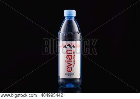 Prague,czech Republic-17 January, 2021: Evian Natural Mineral Water On The Black Background. Evian I