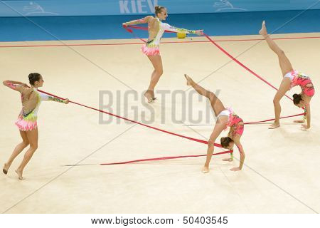 KIEV, UKRAINE - SEPTEMBER 1: Team Italy performs the routing with balls and ribbons during the 32nd Rhythmic Gymnastics World Championships in Kiev, Ukraine on September 1, 2013