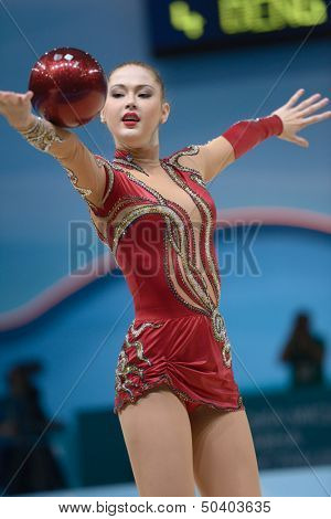KIEV, UKRAINE - AUGUST 30: Alina Maksymenko of Ukraine in action during the 32nd Rhythmic Gymnastics World Championships in Kiev, Ukraine on August 30, 2013