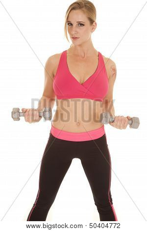 Woman Fitness Pink Bra Tattoo Weights Facing Curl