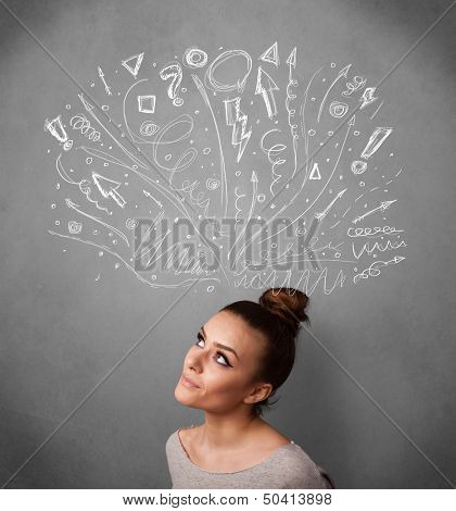 Pretty young woman with many sketched arrows pointed in different directions above her head