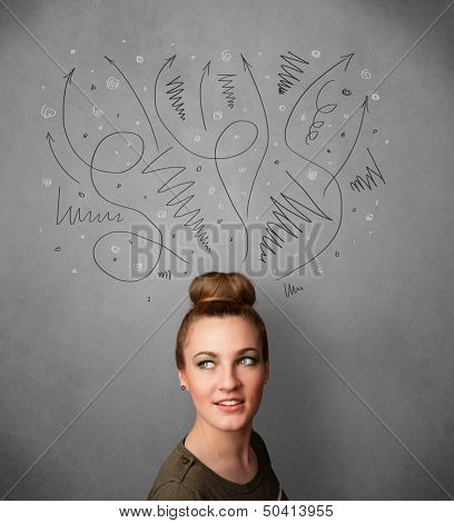Pretty young woman deciding with sketched arrows over her head
