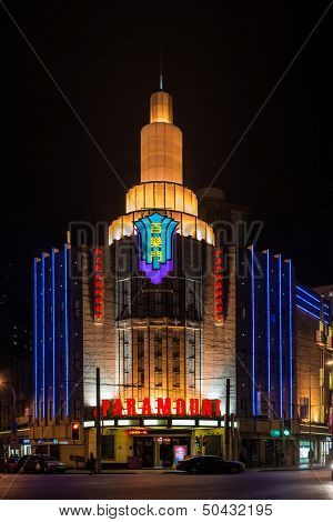 SHANGHAI - APRIL 7: heritage building paramount movie theater at night on april 7th, 2013 in Shanghai. Completed in 1933 is an historical nightclub and dance hall