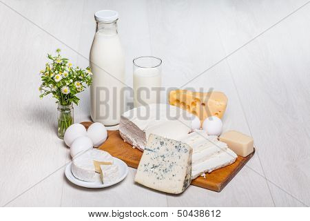 milk and food on wooden background