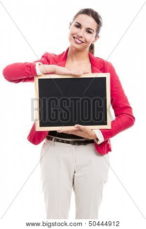 Business woman holding a shalk board on the hands, isolated over a white background (with copy space for designers)