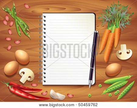 Recipe Book On Wooden Table, Food Ingredients