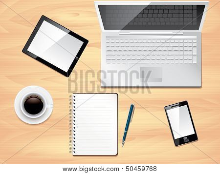 Office Desk Top View, Photo Realistic Vector