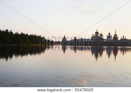 Landscape with the image of Solovetsky monastery on Solovetsky Island in White Sea, Russia