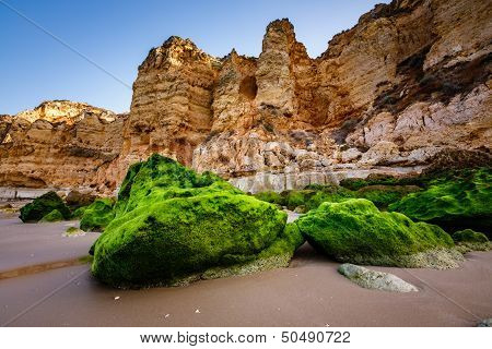 Rocks And Cliffs Of Porto De Mos Beach In The Morning, Lagos, Algarve, Portugal